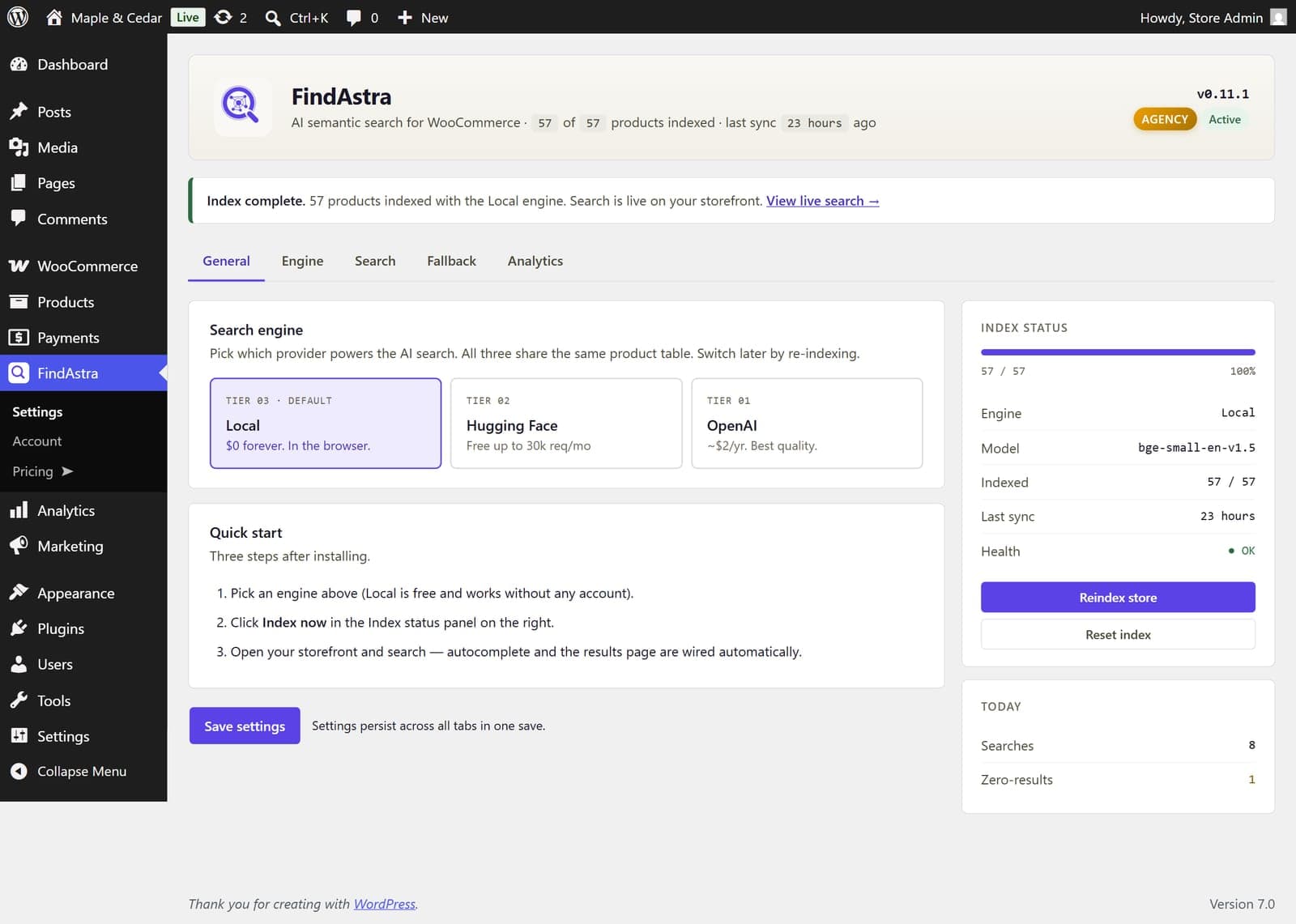 FindAstra General settings tab in WordPress admin showing the engine picker, quick-start steps, and index status