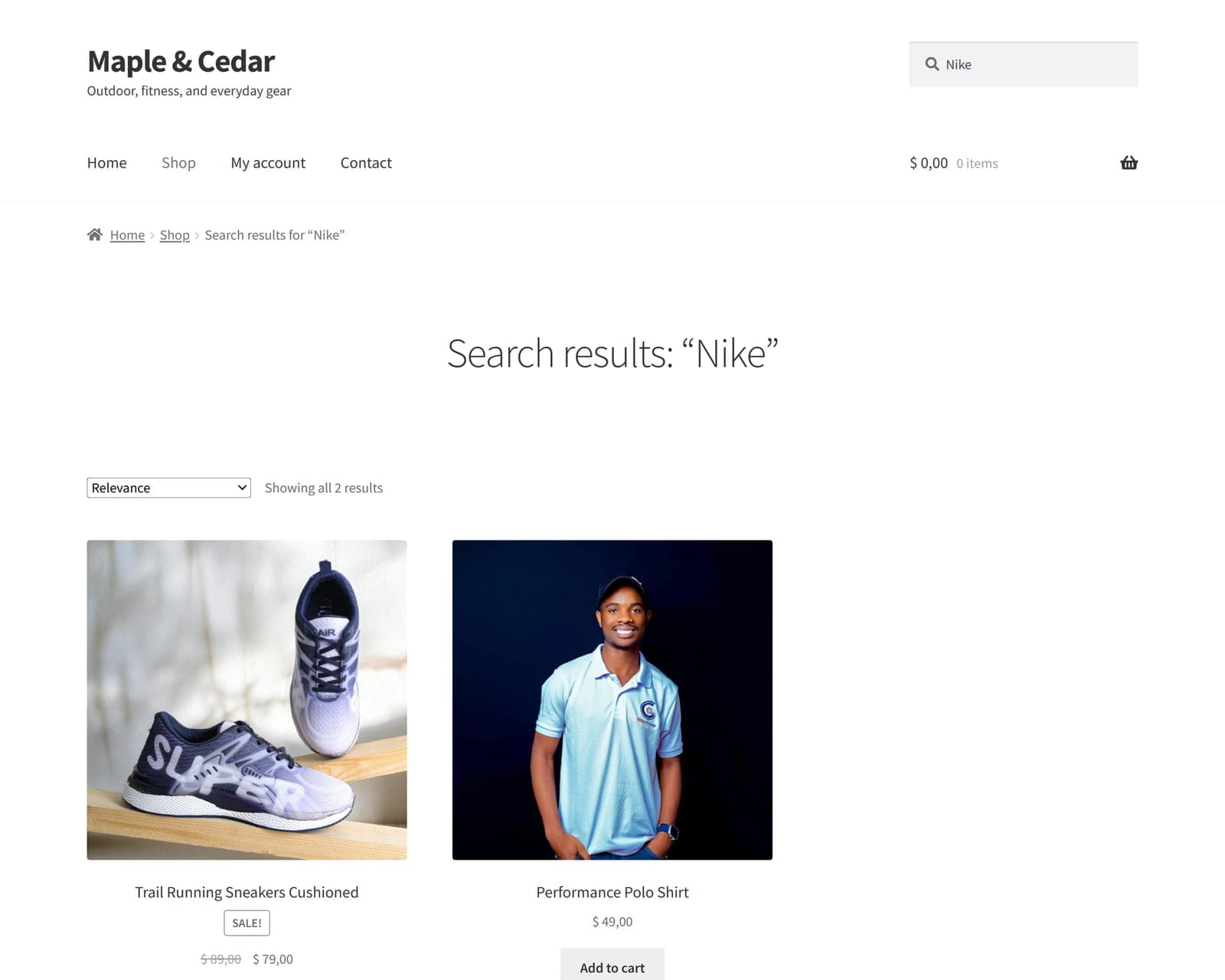 WooCommerce search results for “Nike” showing relevant products returned by FindAstra semantic search