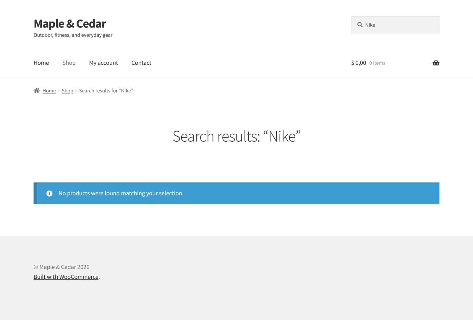 WooCommerce search results page showing “No products were found matching your selection” for the query Nike