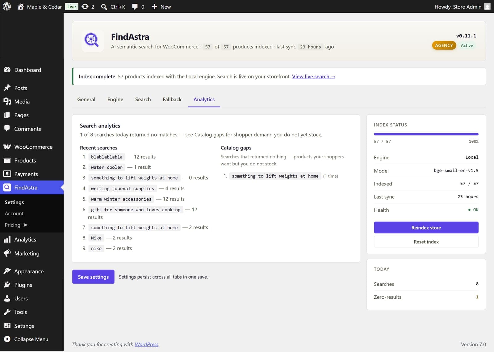 FindAstra Analytics tab showing recent searches and a Catalog gaps list of queries that returned zero results