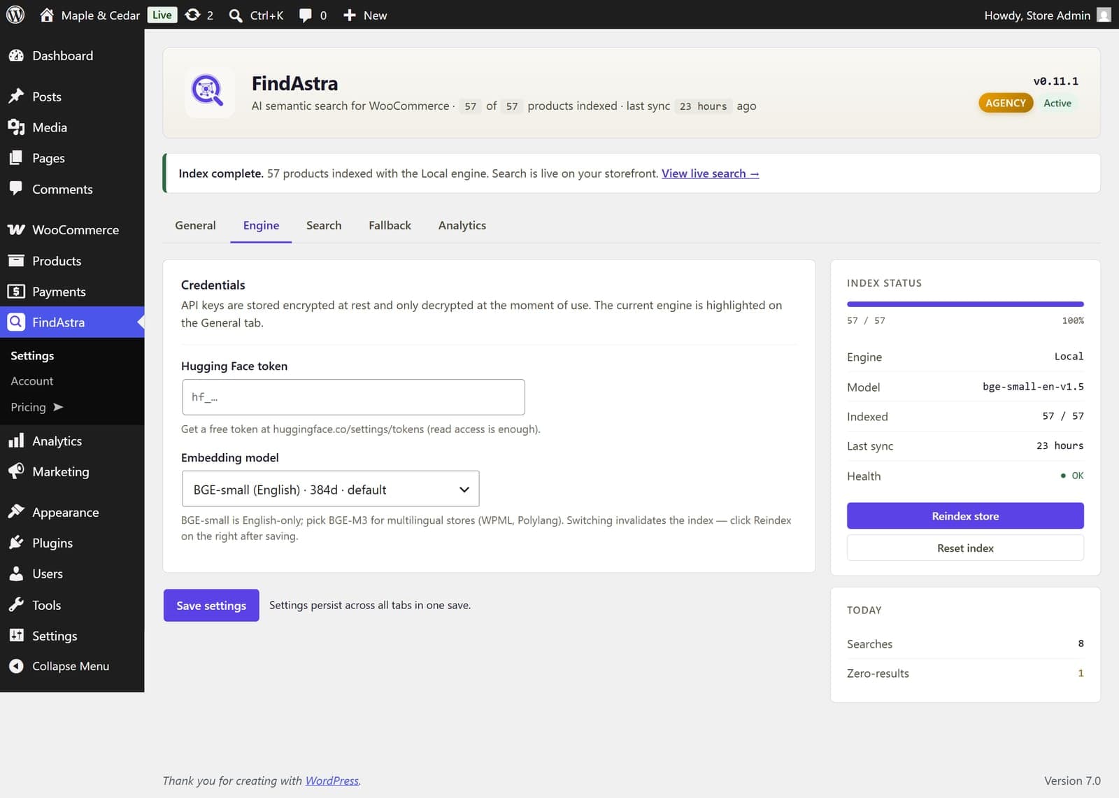 FindAstra admin — Engine tab showing Local, Hugging Face, and OpenAI tier choices