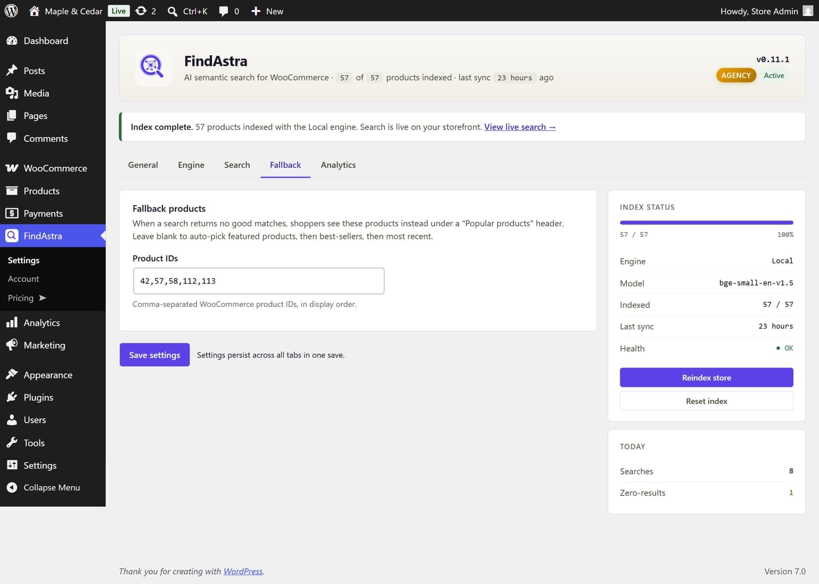 FindAstra admin — Fallback tab showing the curated pin list