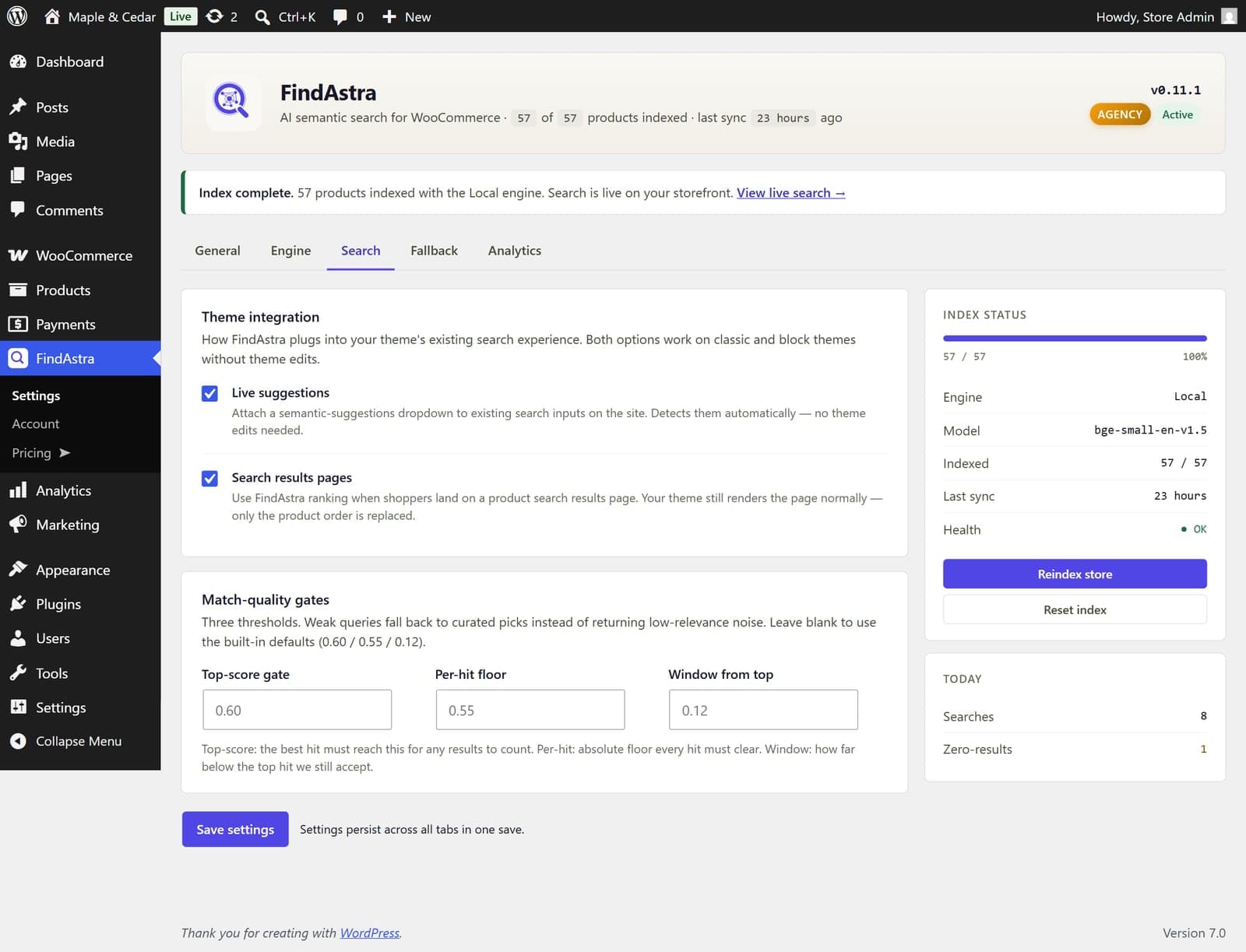 FindAstra Search tab showing Live suggestions and Search results page toggles for theme integration, plus match-quality threshold fields