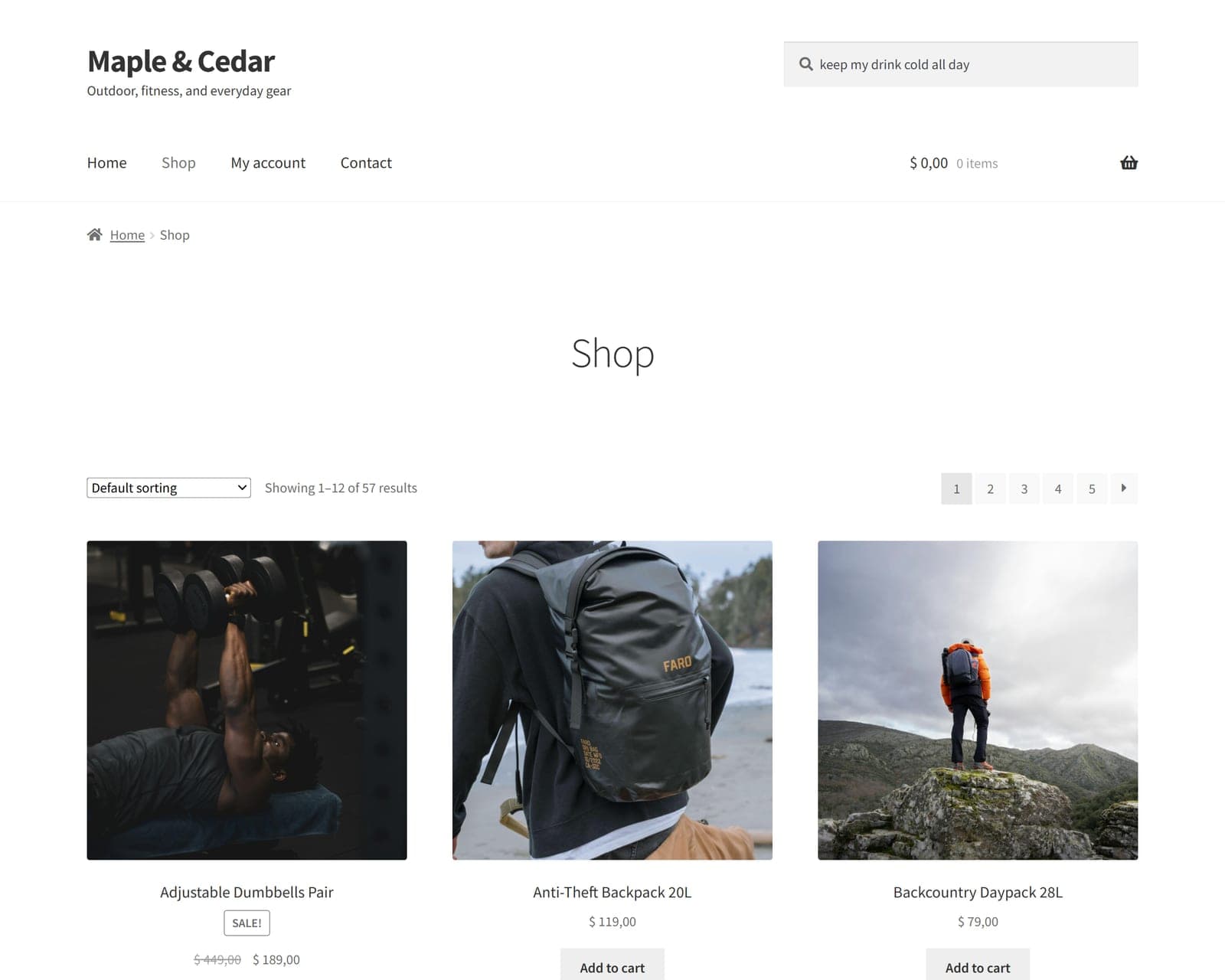 Default WooCommerce search for the phrase “keep my drink cold all day” returning no suggestions